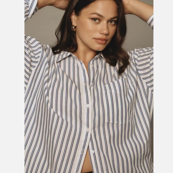 Anthropologie Maeve The Bennet Buttondown Shirt Indigo Stripe MP  M Petite NWT - Picture 8 of 8